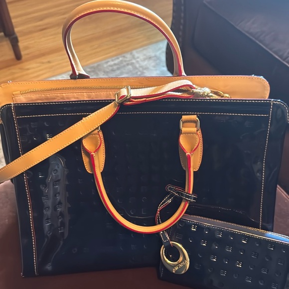 ARCADIA PATENT LEATHER LARGE SATCHEL HANDBAG PURSE - Navy/Tan Trim - Picture 4 of 16